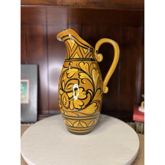 Aldo Londi Bitossi Italy Pitcher Vase Mid Century Modern Yellow Hand Painted - Picture 1 of 9